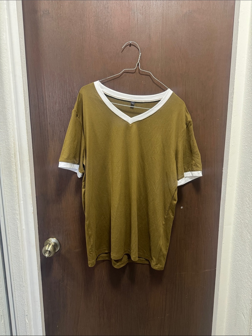 Men's Dark Olive Green V-Neck Tee with White Trim